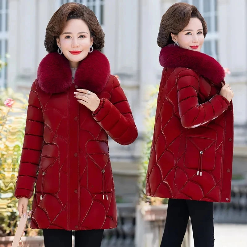 

Women Winter Jacket Mid Long Warm Parkas Female Coat Thicke Cotton Padded Jacket Faux Fur Collar Middle Aged Women's Clothes 5XL