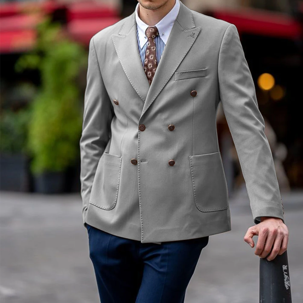 Men Suit Jacket Double Breasted Slim Fit Stylish Casual Blazer Elegant Formal Coat Comfortable Business Attire Trendy Mens Outer