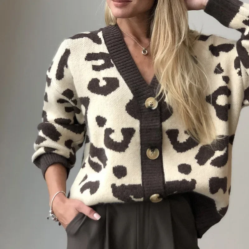 2024 Women Autumn Knitted Leopard Print V-Neck Cardigans Coat Long Sleeve Women Sweater Cardigans Coat