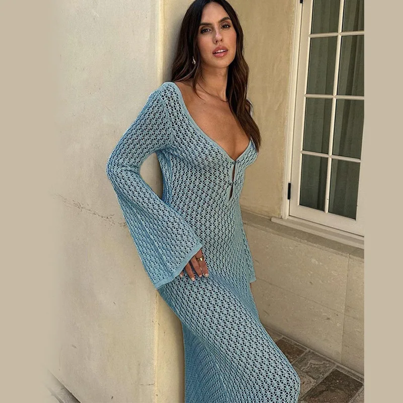 Sexy Women Long Knit Beach Dress Hollow-Out Deep V-Neck Long Sleeve Bikini Cover-Ups Dress Fall Backless Holiday Dress