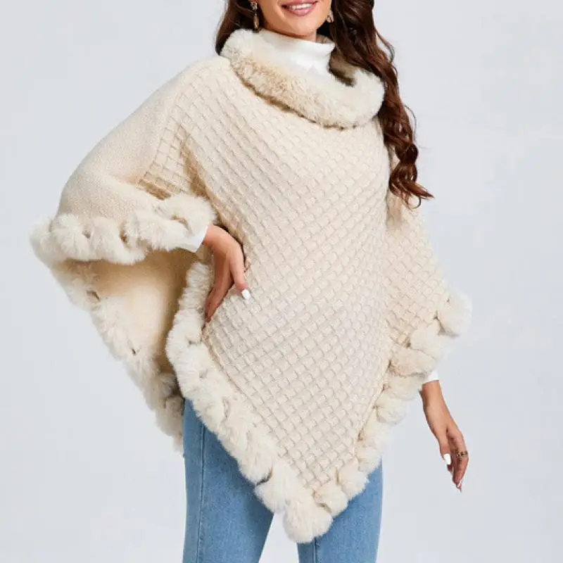 Women Faux Fur Trim Knit Poncho Solid Color Warm Cape Shawl Wrap