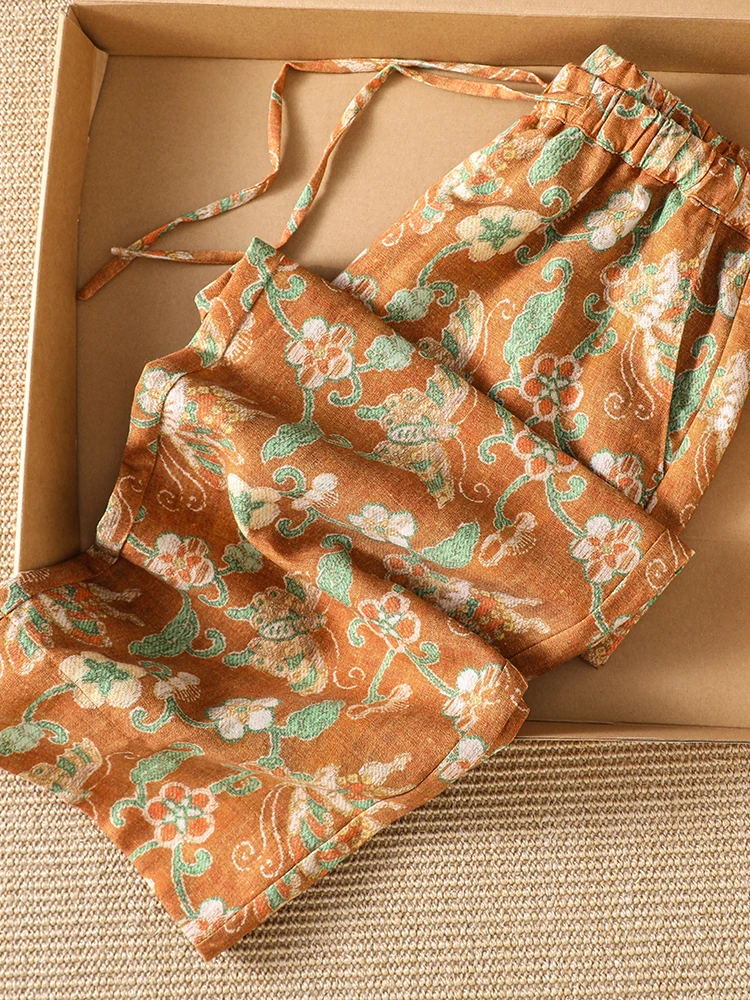 High-End Floral Print Casual Pants Women's plus Size Fashion Slimming Design Harlan Nine-Piece Pants Daily Wear Autumn Season