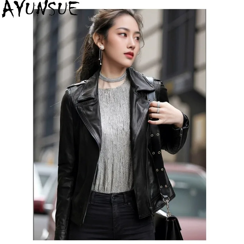 AYUNSUE Women's Sheepskin Jacket Short Fitted Motorcycle Outerwear Casual Versatile Real Leather Jackets Woman Clothes Jaqueta