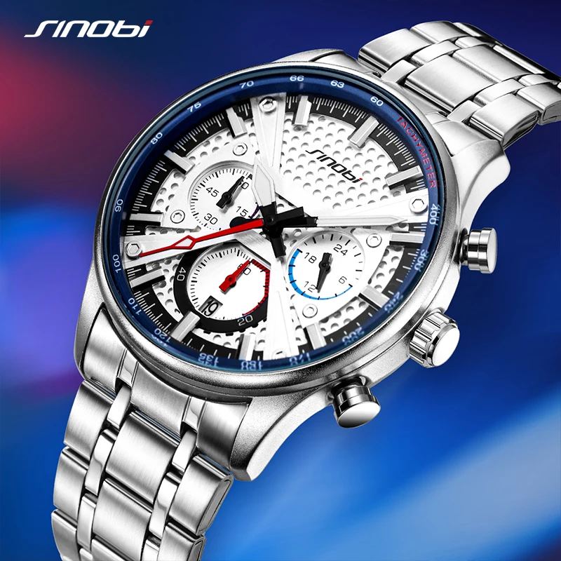 SINOBI New Arrival Fashion Mens Watches Chronograph Calender Casual Man\'s Quartz Wristwatches Luminous Hand Male Stainless Clock