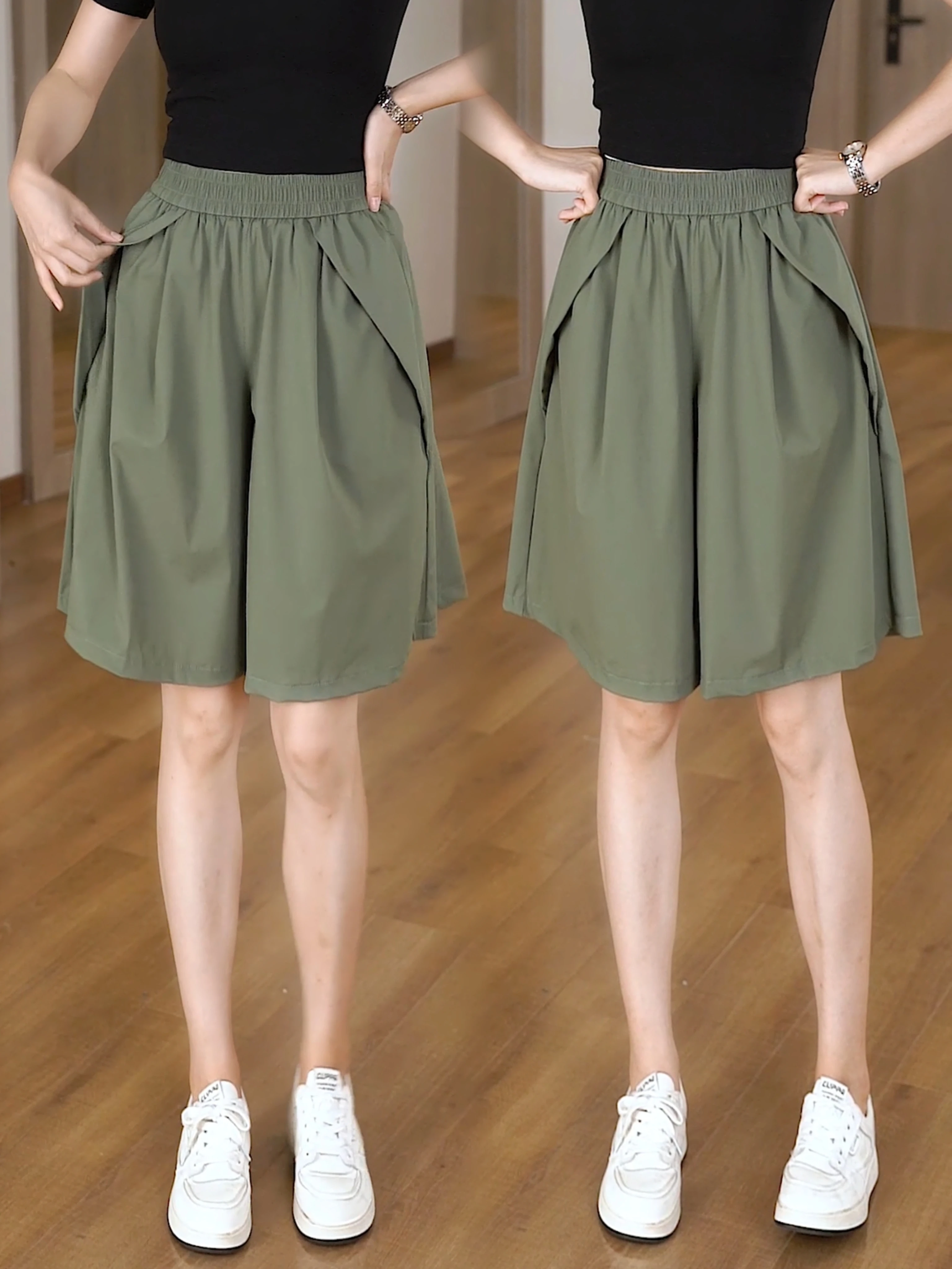Summer Thin Loose Slim A-Line Shorts Casual High Waist Wide Leg Pleated Five-Quarter Length Ladies' Fashion Polyester Fiber