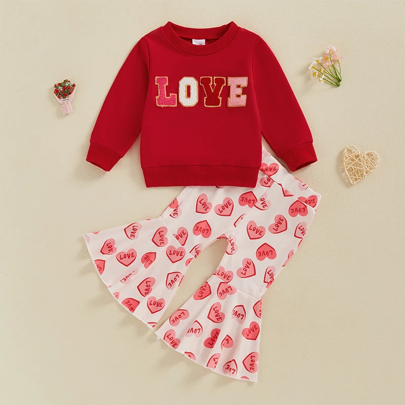 Toddler Baby Girl Valentines Day Outfit Letter Embroidery Crewneck Sweatshirt Top Heart Flare Pants Clothes Set