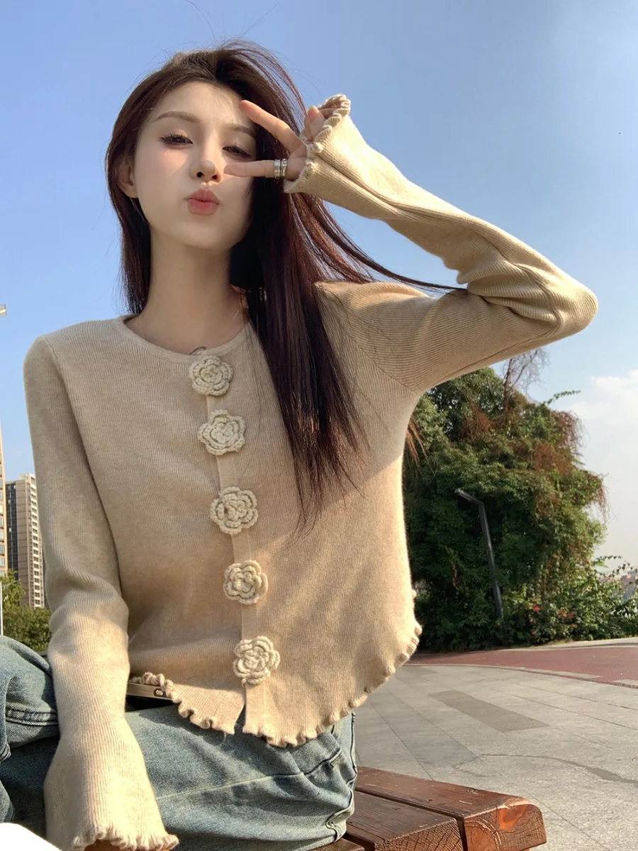 Sweet Design Sense Long Sve вязаный свитер женский Slim Fit ort Sle круглый Ne на пуговицах осень новый Sle Rose Flower 3D