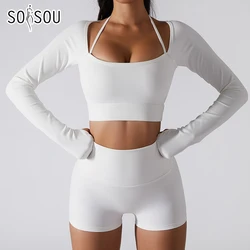 SOISOU Rib Fabric Yoga Shirts Crop Top Seamless Long Sleeve Sports Bra Sport Fitness Workout Tops Gym t Shirt Women 7 Colors