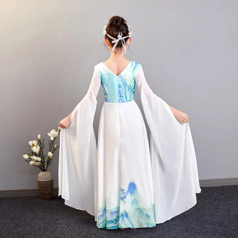 Estilo chinês decote em v branco impressão hanfu meninas traje antigo guzheng vestido de fadas cosplay palco wear