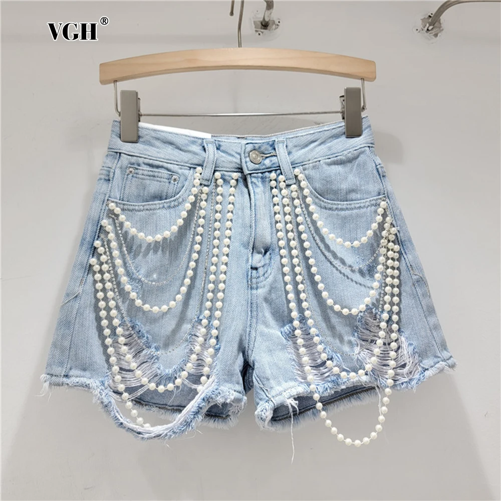 VGH Spliced Beading Denim Shorts For Women Low Waist Patchwork Raw Edge Hollow Out Design Washed Hot Girl Pants Female Clothing