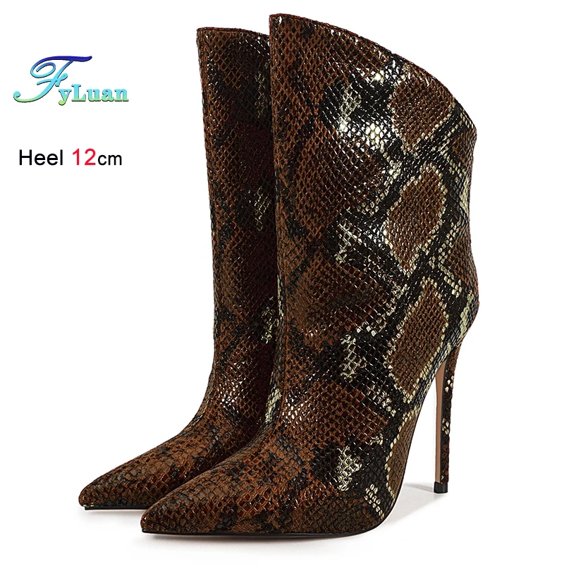 

Autumn Winter Brown Snake Patent Women's Ankle Boots Pointed Toe Ladies Pumps Thin High Heels 12cm Female Stiletto Boots Size 46