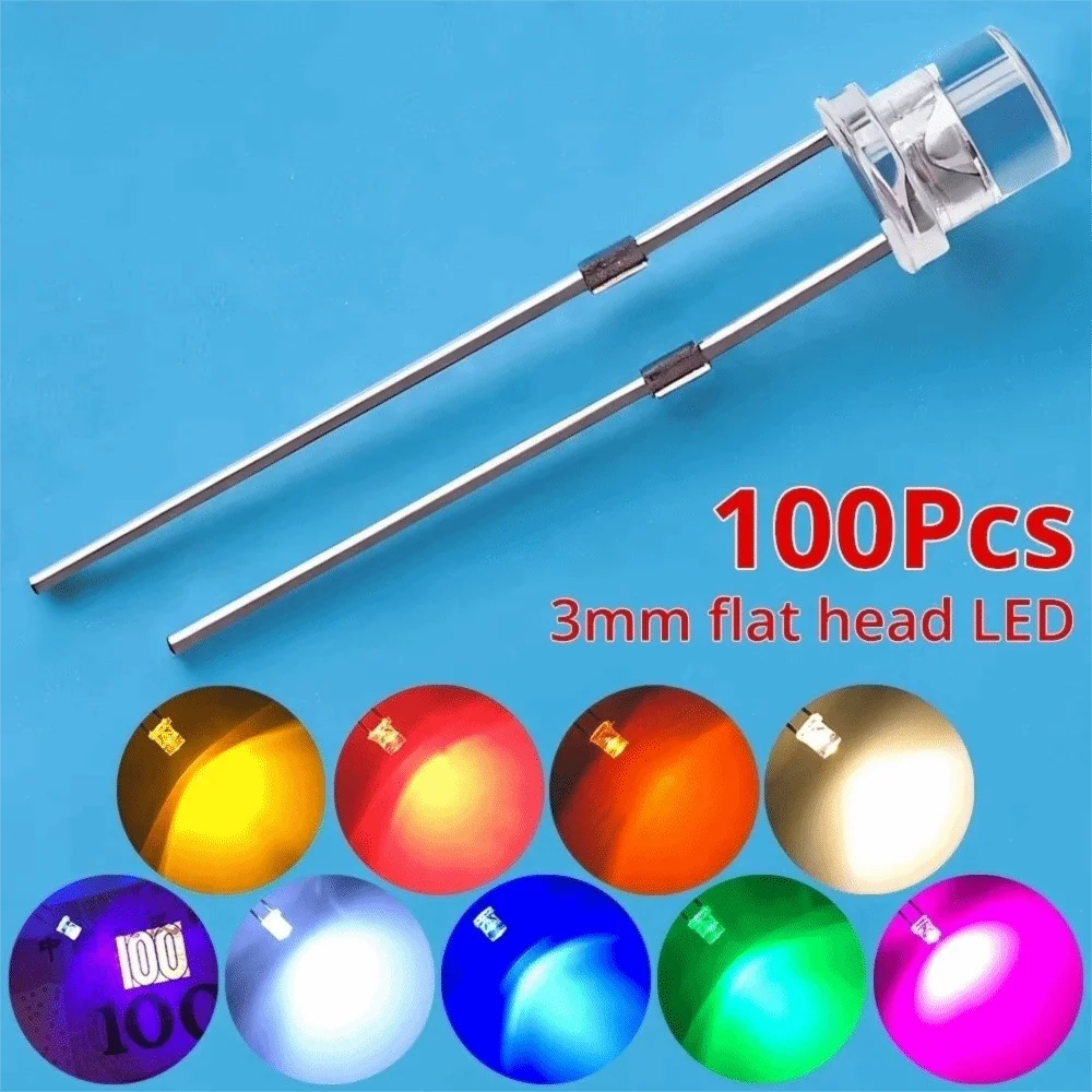 100Pcs Wide Angle LEDs Flat Top LED Diodes Ultra Bright Water Clear Lens Light Emitting Bulbs Wide Angle Energy Saving