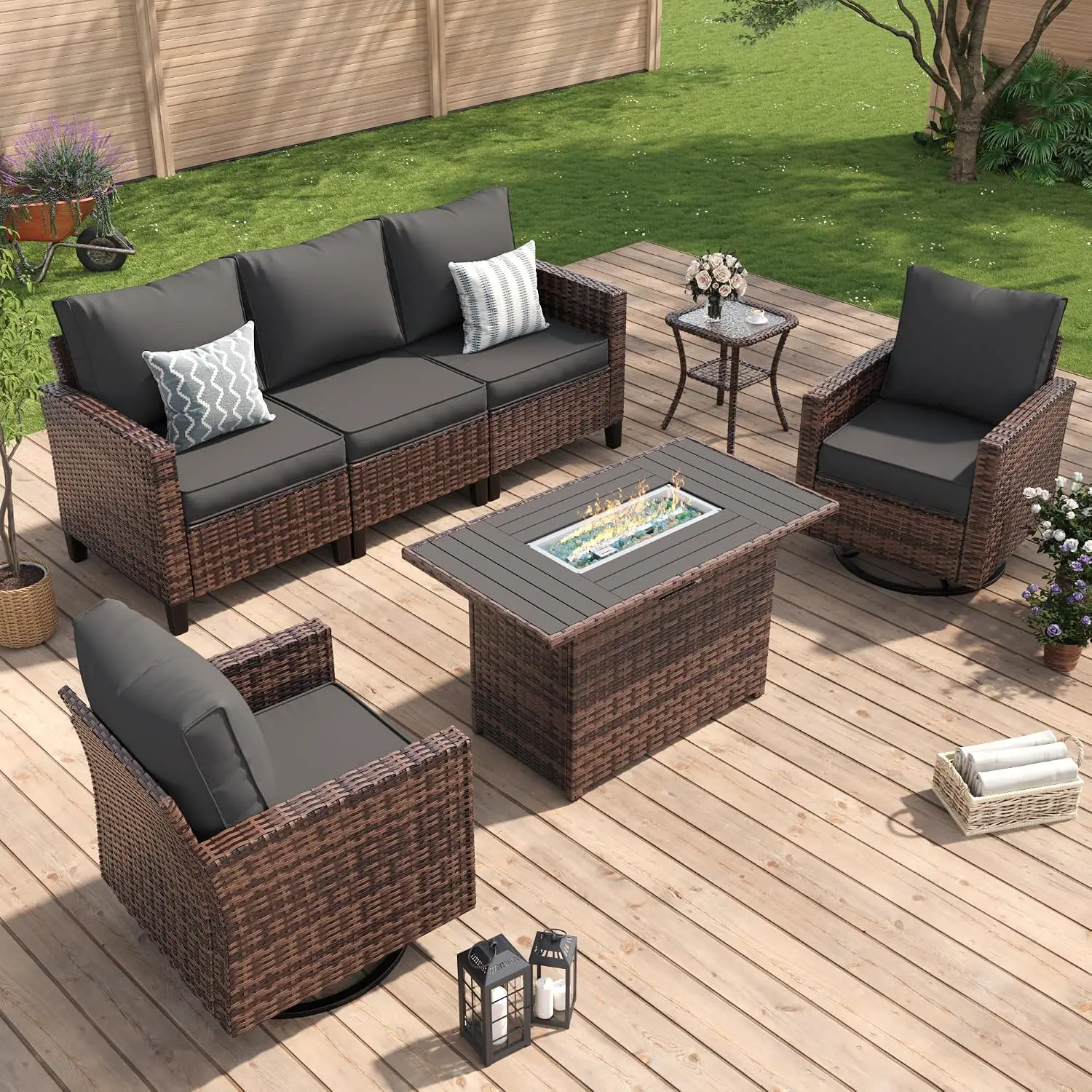 Sectional Sofa Set With Fire Pit Table, Swivel Rocker Chairs, All-Weather Wicker, Waterproof Cover Patio Deck 5 PCS, Customized