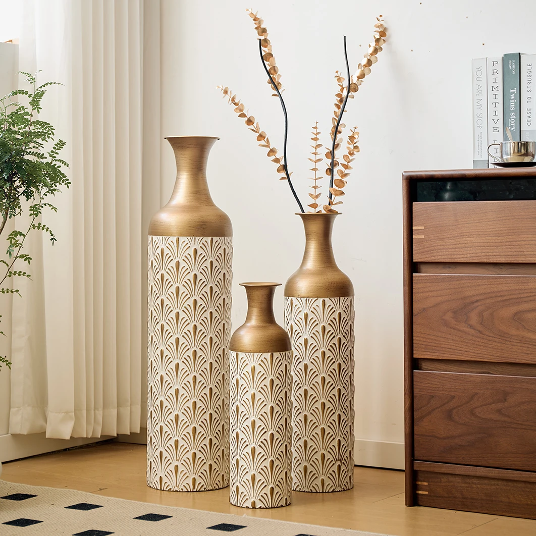 Decorative Metal Vases, Set of 3, White and Gold Floor Vases with Fan Pattern for Home Decor, Tall Flower Vases for Living Room