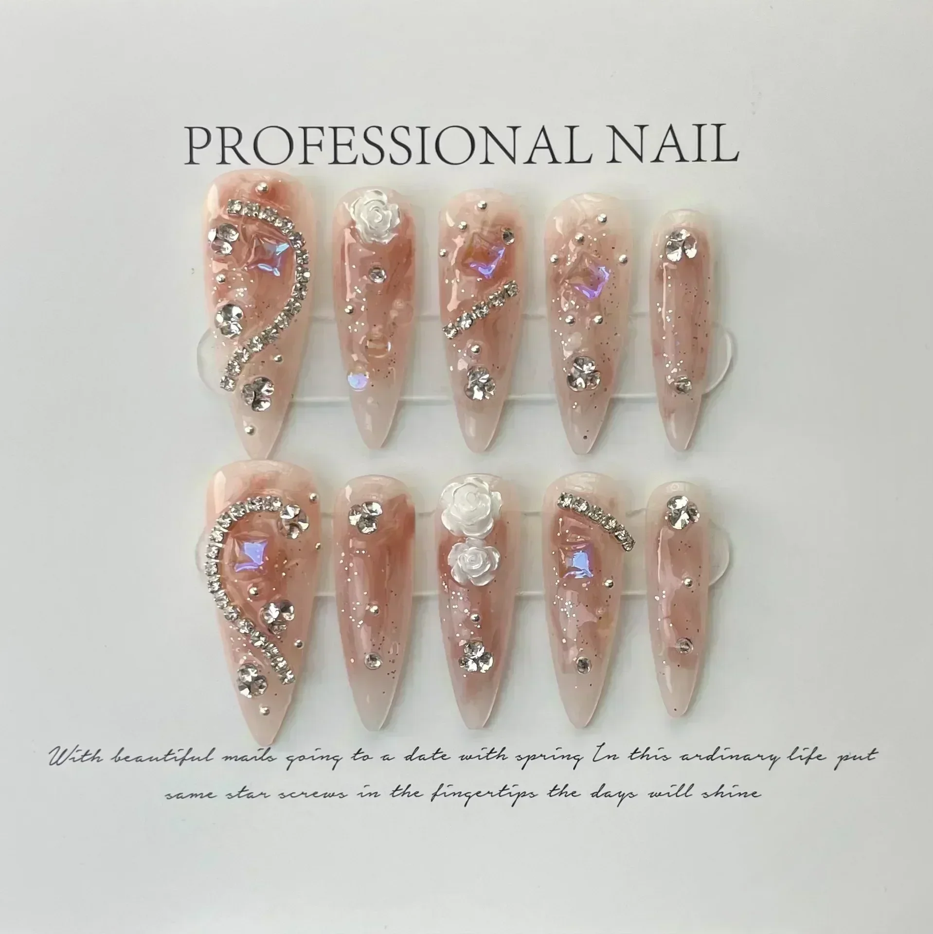 10Pcs Ręcznie robiony zestaw paznokci Press on Long Almond False Nail with Rhinestone Pink Camellia Design Wielokrotnego użytku Full Cover Fake Nail Tips