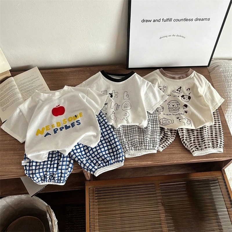 Cute Kids Cotton Clothes Set, Baby Boys Girls T-shirt with Letter/Animal/Apple Pattern + Elastic Waist Plaid Shorts Summer
