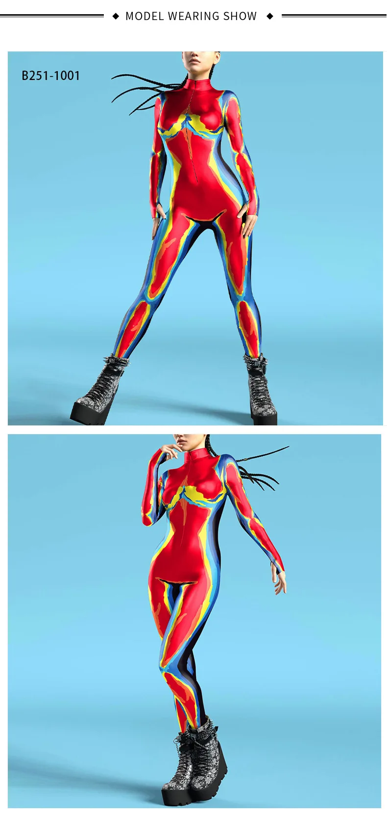 Futuristische Technologie Punk-Roboter Damen-Jumpsuits Kleidung Bunter Texturdruck Zentai-Bodysuit Cosplay-Kostüm Halloween-Outfit – Detail 3