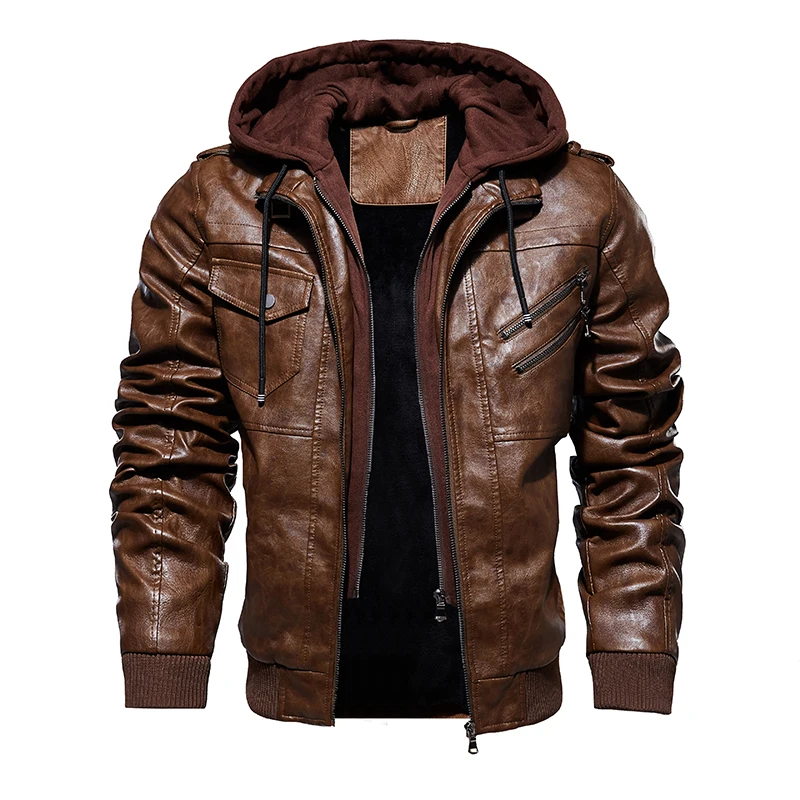 Fashion Brand Men PU Leather Jackets 2023 Winter Thick Hooded Oblique Zipper Motorcycle Faux Leather Jacket Men Plus Size M-4XL