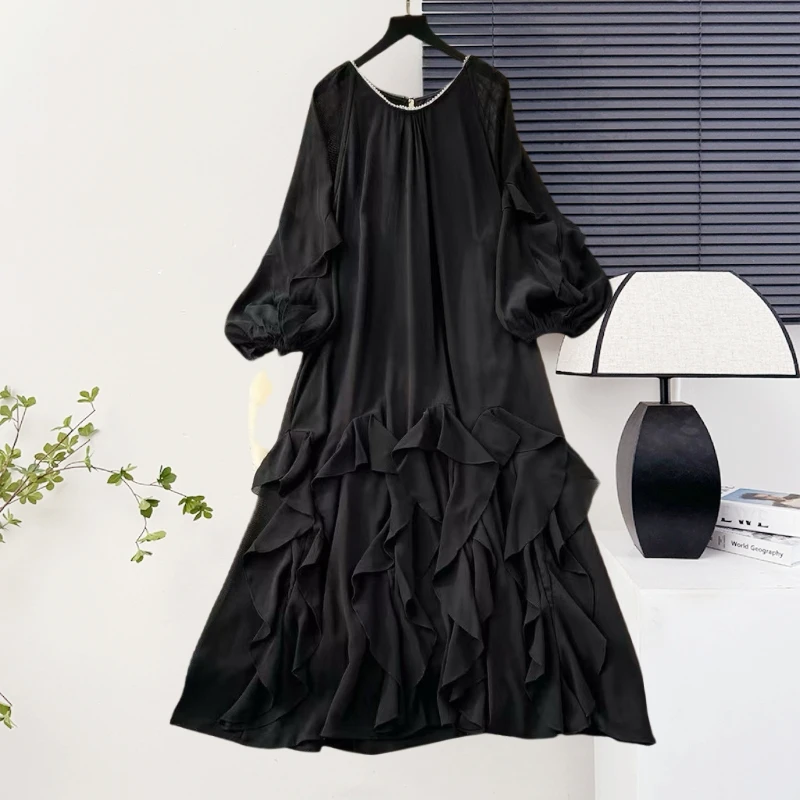 

Black,Summer,Korean,Style,Loose,Dress,Women,Chic,Sexy,O-Neck,Beading,Ruffles,Robe,Full,Lantern,Sleeve,Maxi dresses,New,551702
