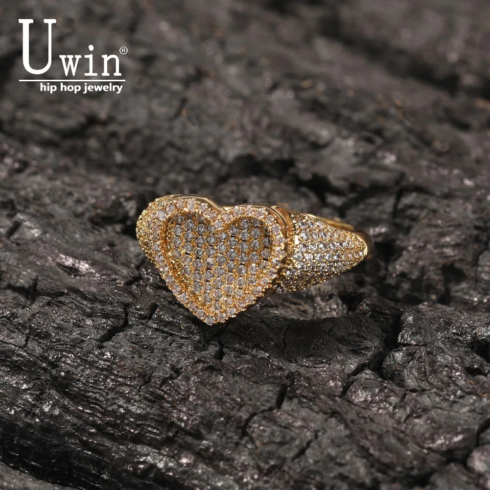 UWIN Sunken Heart Ring Micro Paved Out Bling Cubic Zirconia Ring Exquisite Gift For Men Women Punk Fashion HipHop Jewelry 