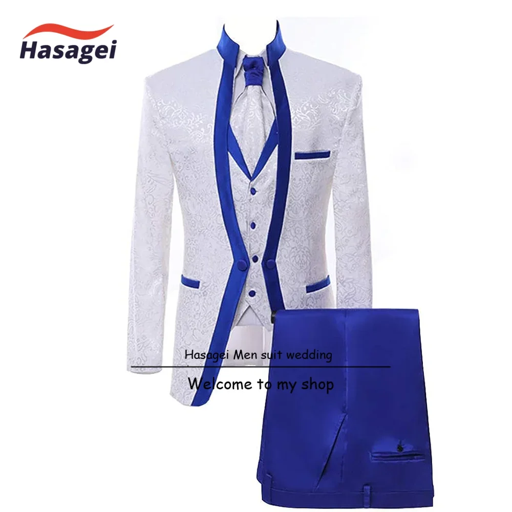 Paisley Slim Fit White Premium Floral Tuxedo Prom Wedding Groom 3 Pieces Suits for Men Jacket Pants Vest