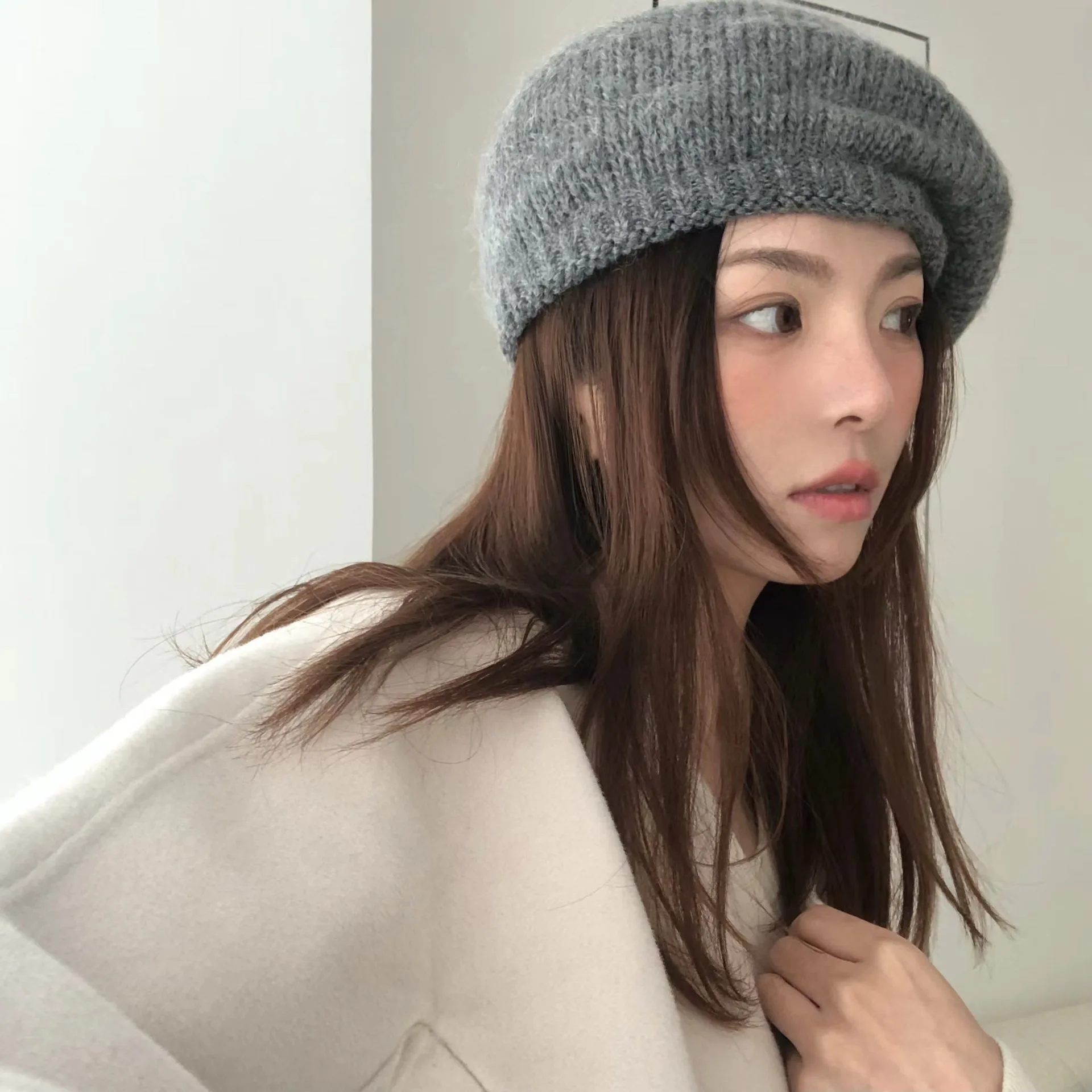 Korea Wool Beret Women's Plush Mohair Knitted Lazy Face Small Octagonal Painter Hat Large Head Circumference Wool Beret Caps