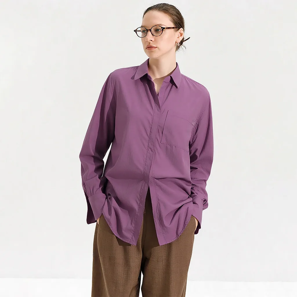 Top da donna 2025 Autunno Viola Top a maniche lunghe in puro cotone Comodo top semplice per pendolari