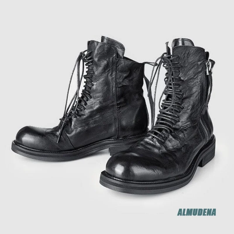 Street Style Men's Round Toe Wrinkle Combat Boots Lace Up Side Zipper Outdoor Trendy Versatile Gothic Style Daily Casual Shoes
