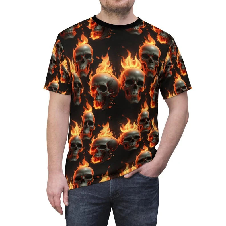 2026 New Halloween Flame Skull 3D Print T-shirt Men Women Kids Summer Round Neck Short Sleeve Street Loose Casual Tees Tops