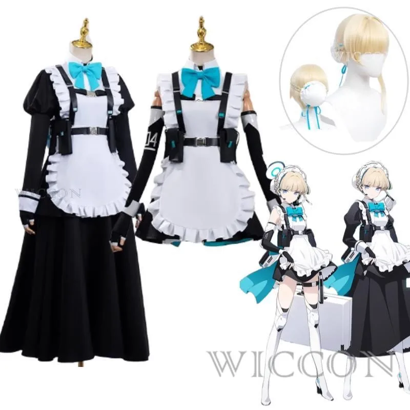 Game Anime Blue Archive Asuma Toki Cosplay Mujer Maid\'s Outfit Full Set Disfraz Halloween Long Dress Short Skirts Wig Bow Women