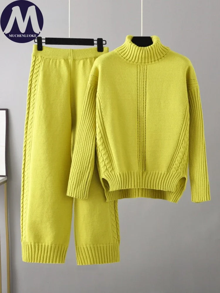 Turtleneck Knit Sweaters and Coats Set for Women, Casual Loose Coats, Elastic Waist, Wide-leg Pants Sets, Autumn, Winter, 2 Pcs