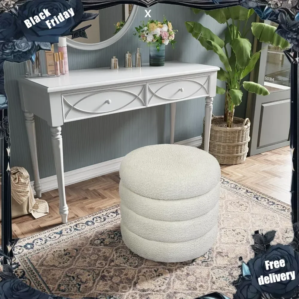 

Round Ottoman with Storage for Dorm, Upholstered Ottoman with Soft Padded Seat for end of Bed, Footrest Stool O