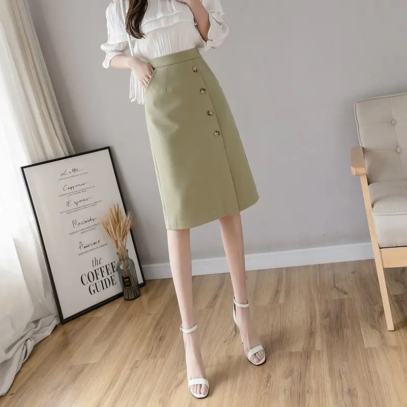 

2024 Spring Autumn New Women Slim Solid Color Skirts Female Knee-Length Suit A-line Ladies High Waist Pockets Skirts Q690