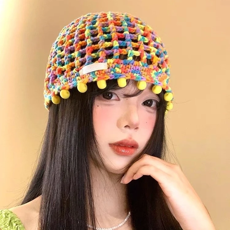 1Pc Dopamine Knit Hat, hollow beaded design, lightweight & breathable, stylish summer headwear for daily and cosplay use