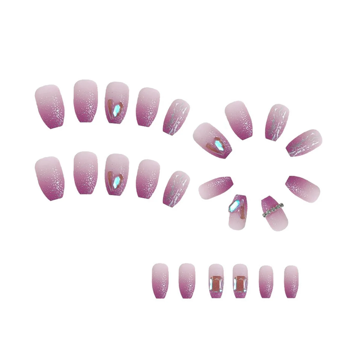 Gradient Purple Burst Flash False Nails Gradual Change Rhinestones Nails Wearable Press on Nails Full Cover Nail Tips