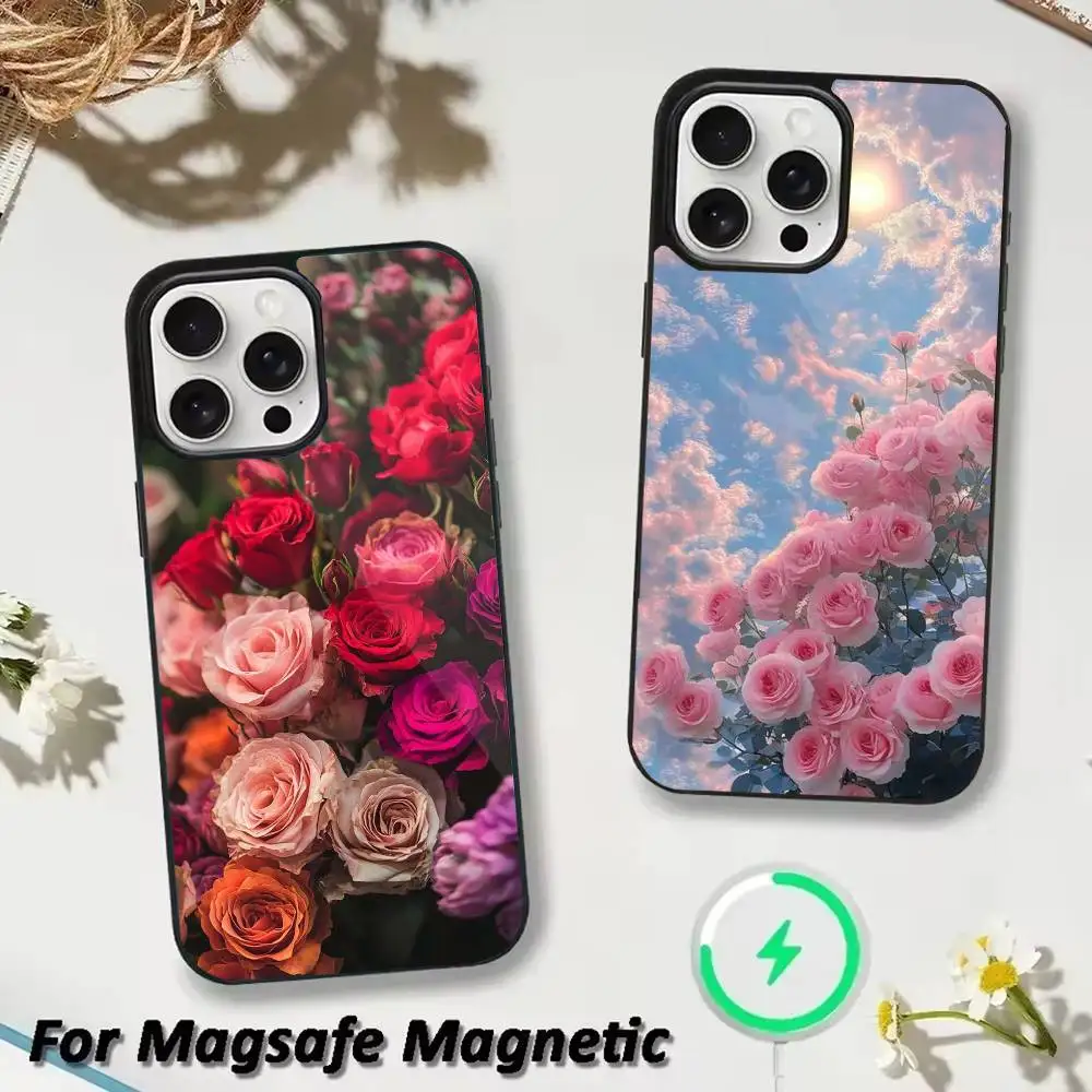 

Lovely Rose Flowers Phone Case For iPhone 17 16 15 14 13 12 Pro Max Plus for Magsafe Mirror Wireless Magnetic Cover