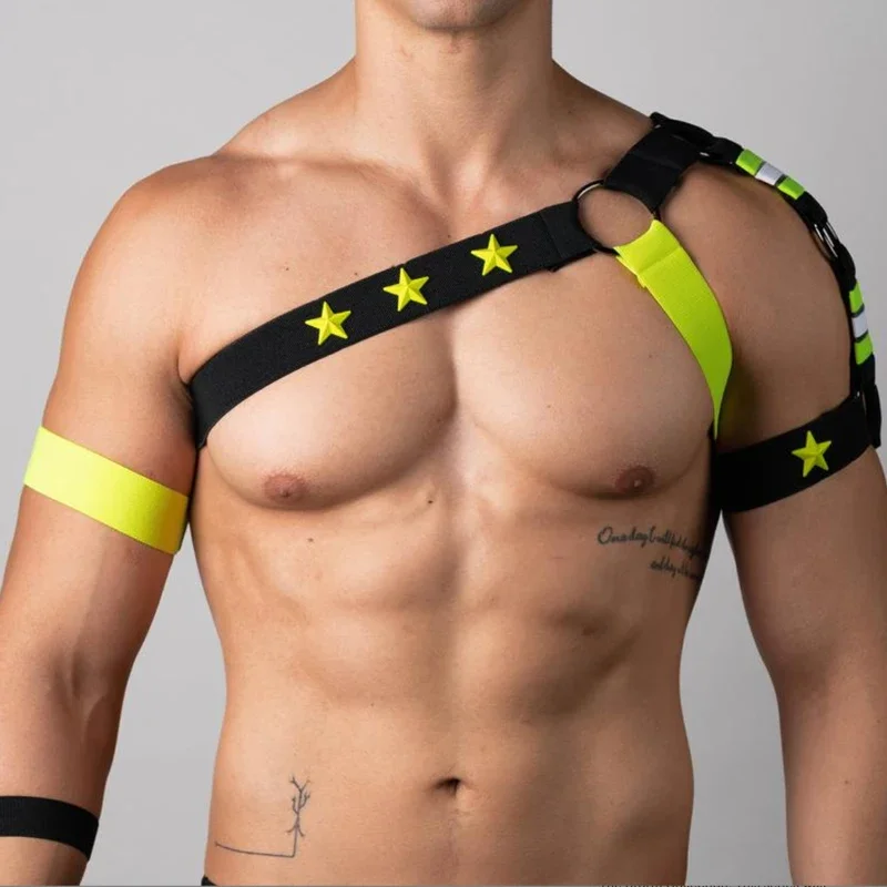 

Harness Men Sexy Elastic Shoulder Straps Chest Bondage Muscle Halter Belt Nightclub Dj Costume Accessories Clubwear XS3437