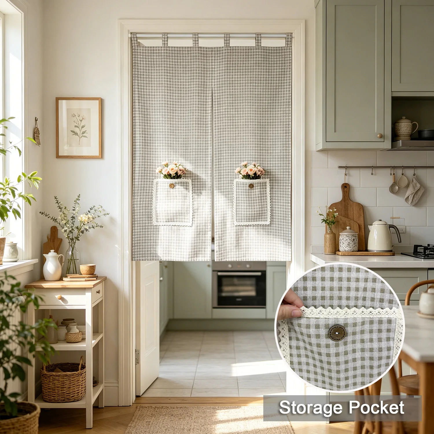 

Vintage Plaid Door Curtain with Storage Pockets, Noren Japanese Doorway Curtain, Faux Linen Blindfold Boho Curtain for Kitchen