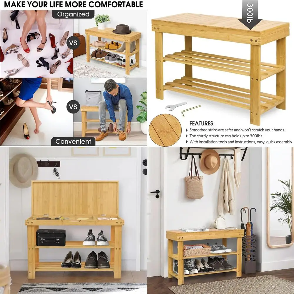 

Бамбуковая скамейка для хранения с ящиком — натуральный органайзер для прихожей и полка для обуви