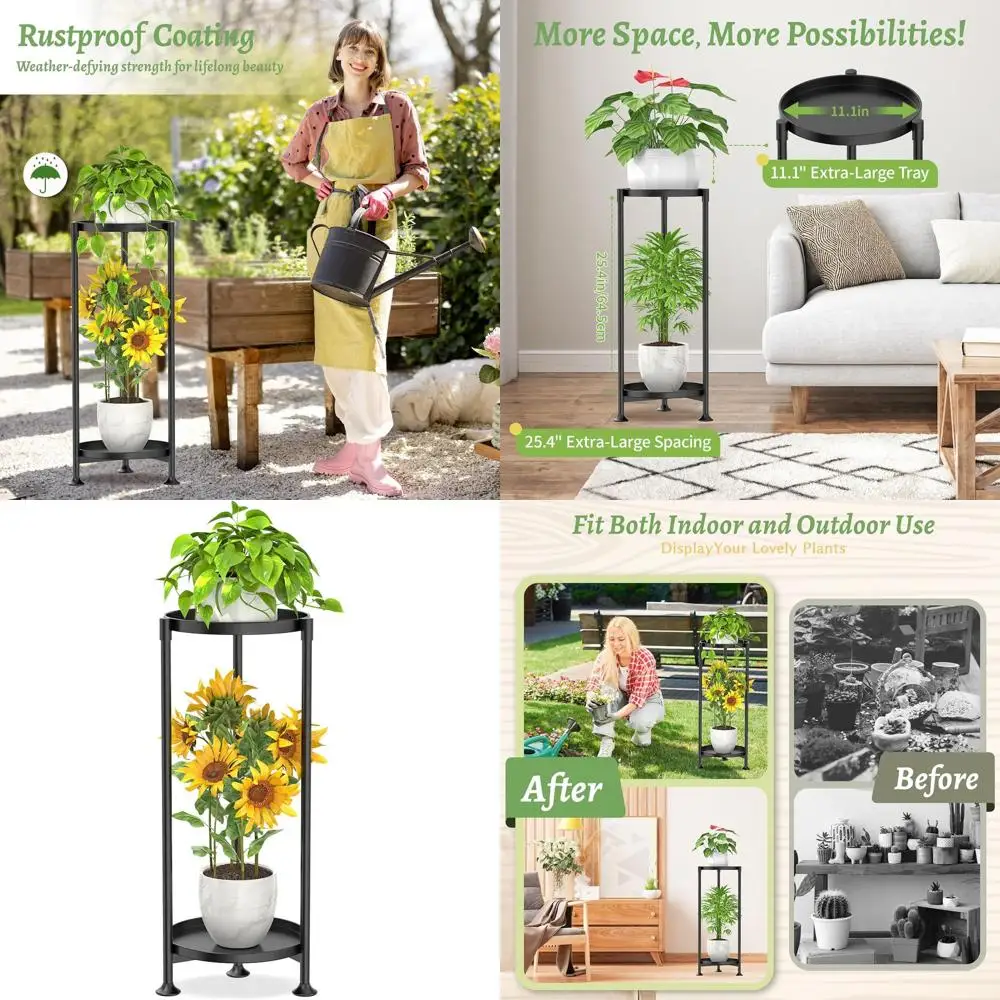 

Прочная 2-ярусная подставка для комнатных растений, сверхпрочная металлическая стойка, узкий напольный держатель, круглый органайзер для орхидей, черный