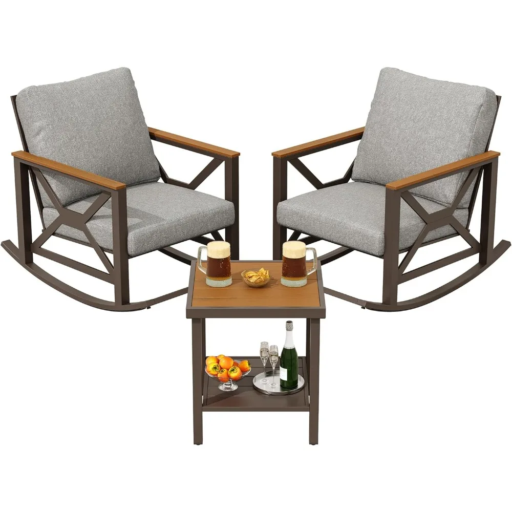 مجموعة Rocking Bistro، مجموعة محادثة للفناء مكونة من 3 قطع، كراسي هزازة بإطار مجلفن مكونة من قطعتين مع طاولة قهوة وسميكة