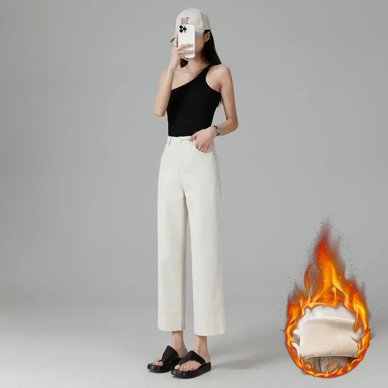 المرأة Y2K الشتاء جينز سترتش صوف مبطن سميكة الدافئة مستقيم الساق الظلام تسعة عشرة طول بناطيل الموضة غير رسمية