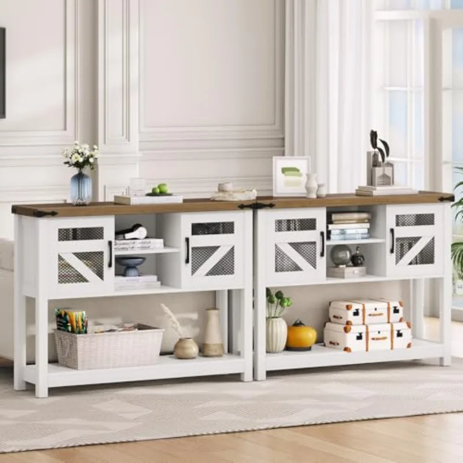 Farmhouse Entryway Table with Storage 43.3 Small Console Tables for Entryway Rustic Hallway Table with Open Shelf and 2 Cabine