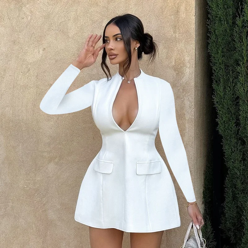 YL24279 ชุดเดรสทรงเข้ารูป แขนยาว คอวี ดีไซน์หรูหรา เซ็กซี่  สำหรับผู้หญิง  คอลเลคชั่นฤดูใบไม้ร่วง 2024