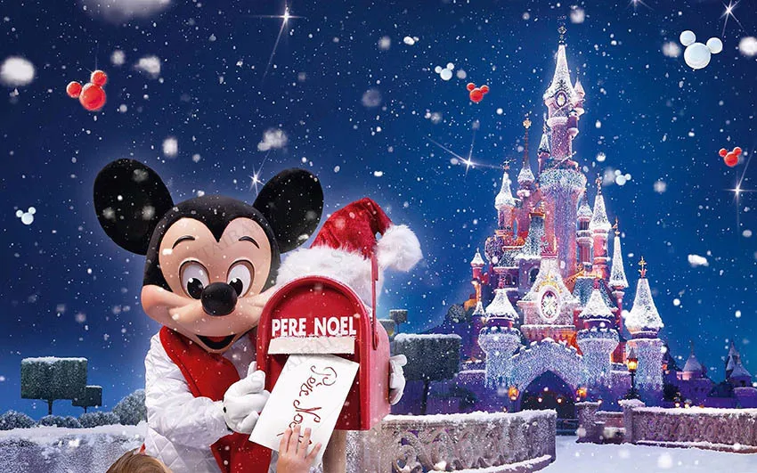 Mickey and Friends Christmas Backdrop Winter Snow Village Glitter Xmas Background Mickey Mouse for Kids Party Christmas Minnie