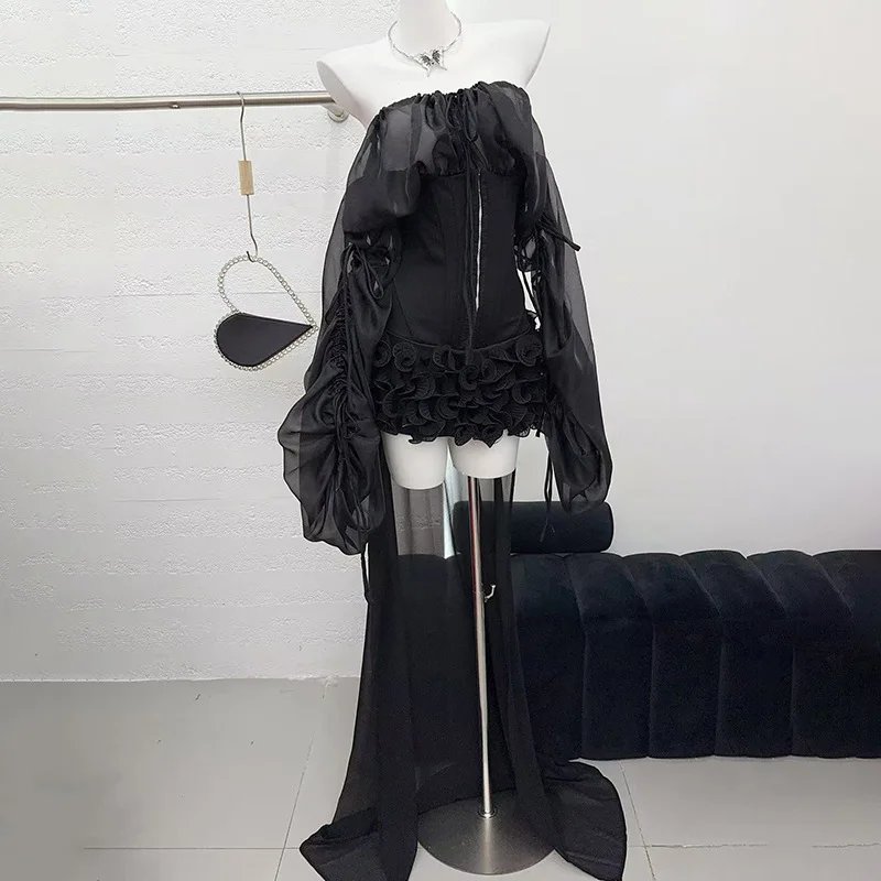 여성 레드 슬림 드레스 섹시한 오프 숄더 긴 소매 셔링 프릴 미니 드레스 트레일링 이브닝 파티 칵테일 가운