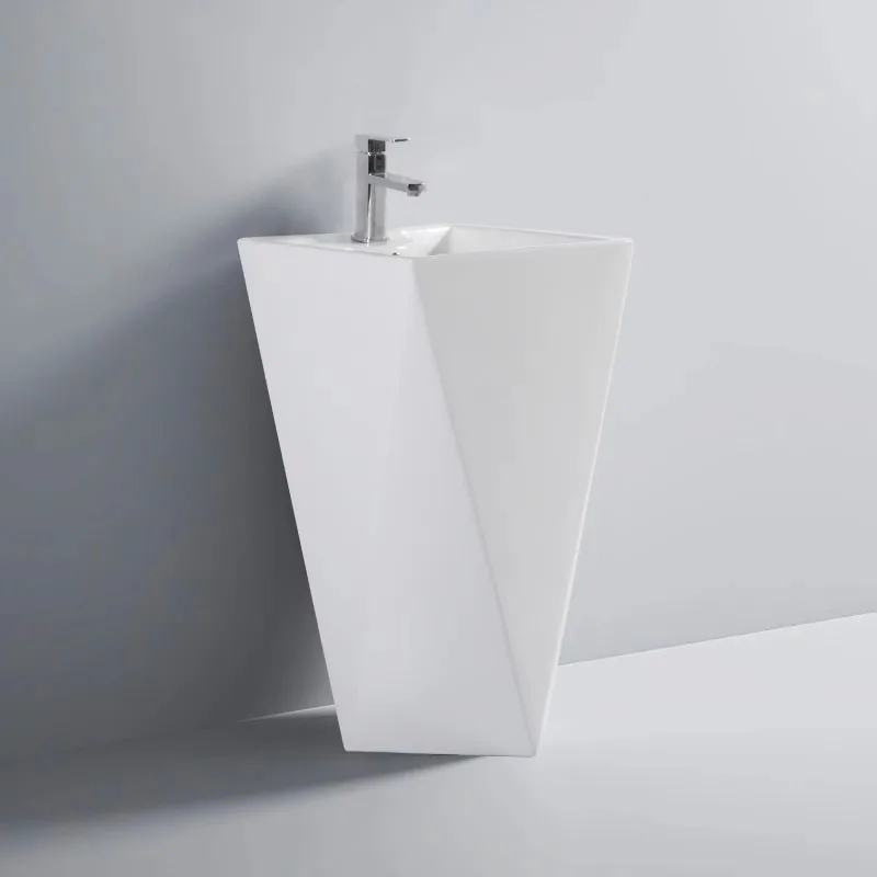 

Отдельно стоящая раковина для ванной комнаты с ромбовидным креплением на полу, белая художественная керамическая раковина на пьедестале для рук