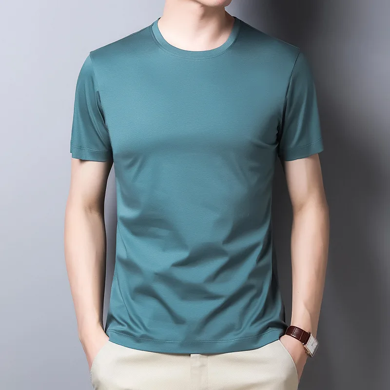 Summer Middle-aged Men\'s Double Mercerized Cotton Round Neck Short-sleeved T-shirt Solid Color Korean Version Men\'s T-shirt