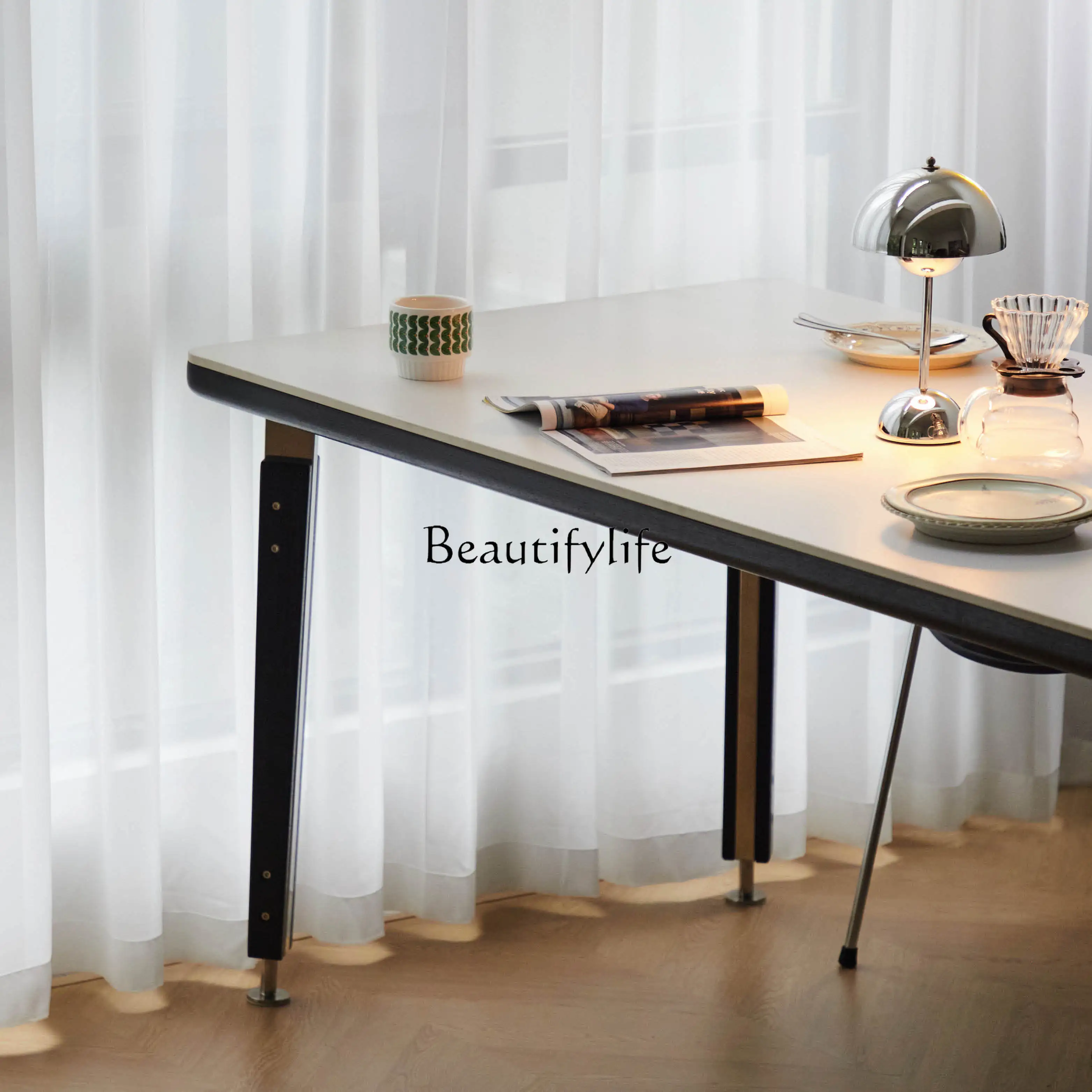 Retro Solid Wood Rock Plate Italian Pure White Pure Black Marble Long Table Home Dining Table