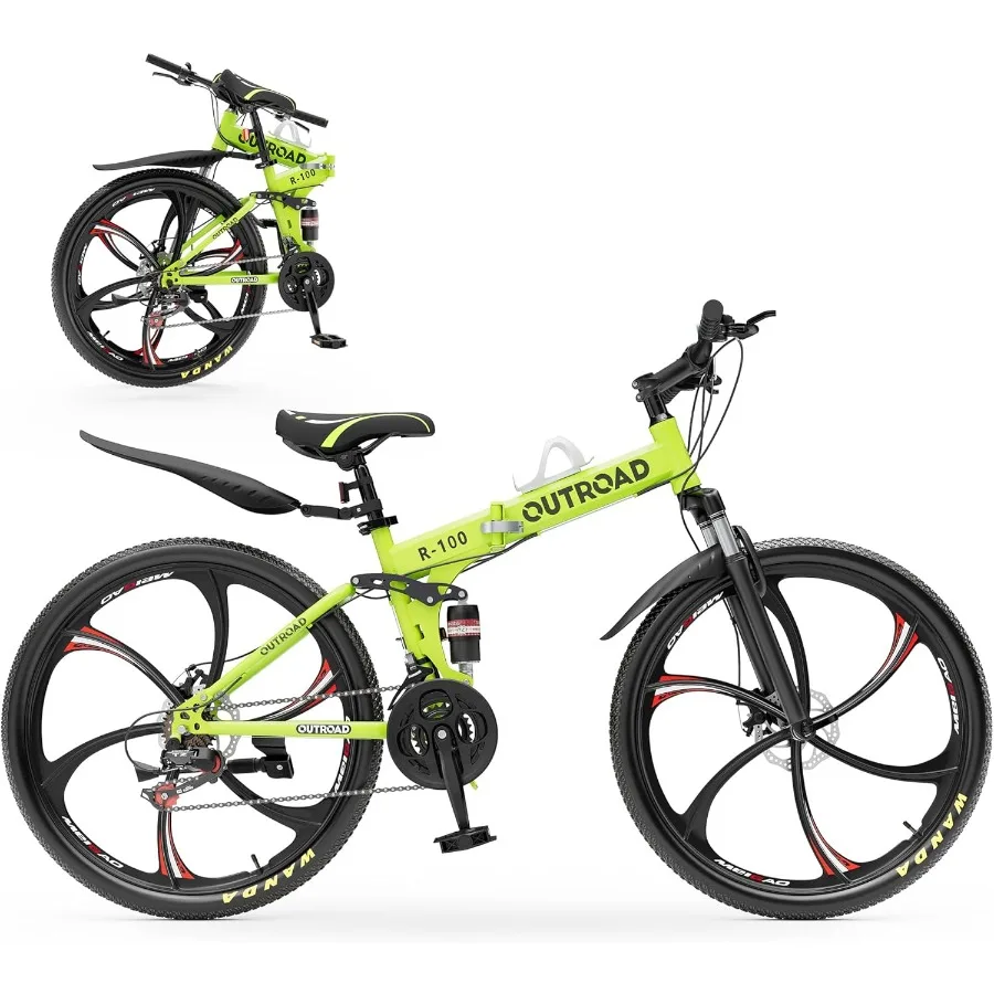 

Outroad 26 Inch Folding Mountain Bike with 21 Speed Gears and Full Suspension System High-Carbon Steel Frame for Adults Men Wom